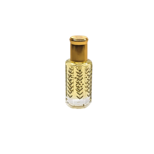Perfume bottle with gold cap and decorative label on a white background