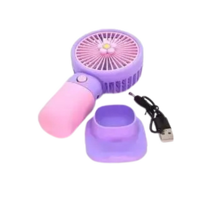 Purple and pink handheld fan with USB cable on a white background