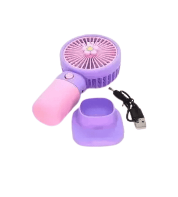 Purple and pink handheld fan with USB cable on a white background