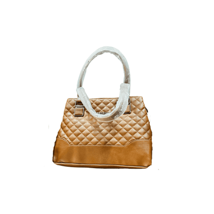 Quilted brown handbag with white handle on a white background