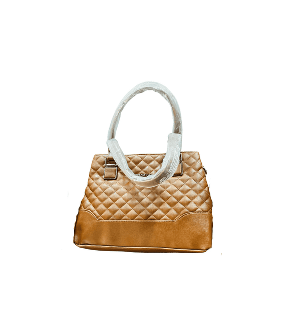 Quilted brown handbag with white handle on a white background