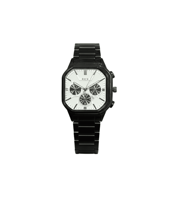 Black watch with a white face on a white background