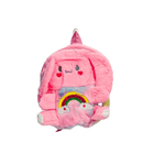 Pink plush backpack with cartoon face and rainbow design on a white background
