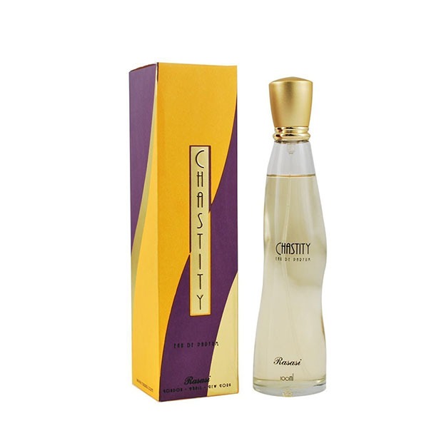 Perfume bottle and packaging with 'Chastity' branding on a white background