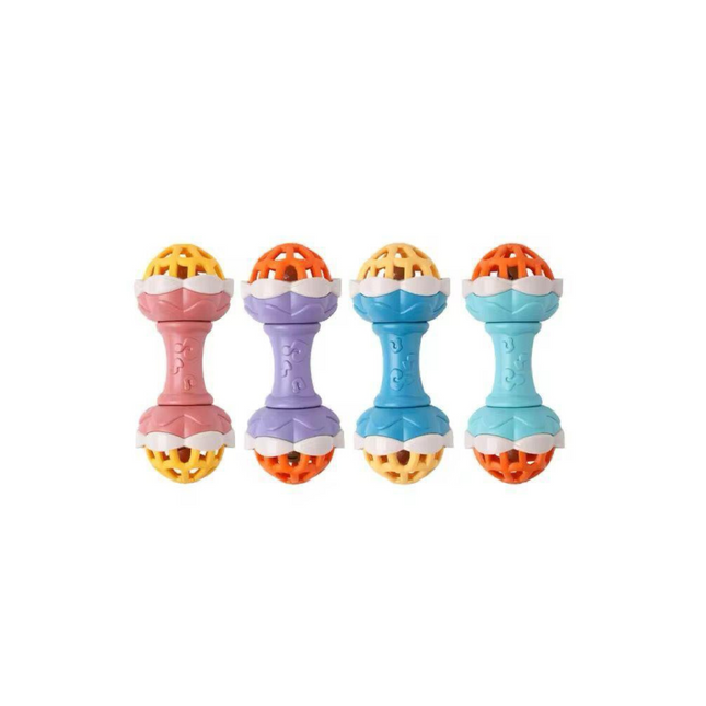 Four colorful baby rattles on a white background
