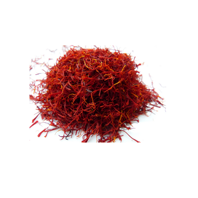 Red saffron threads on a white background