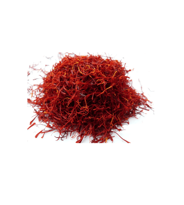Red saffron threads on a white background