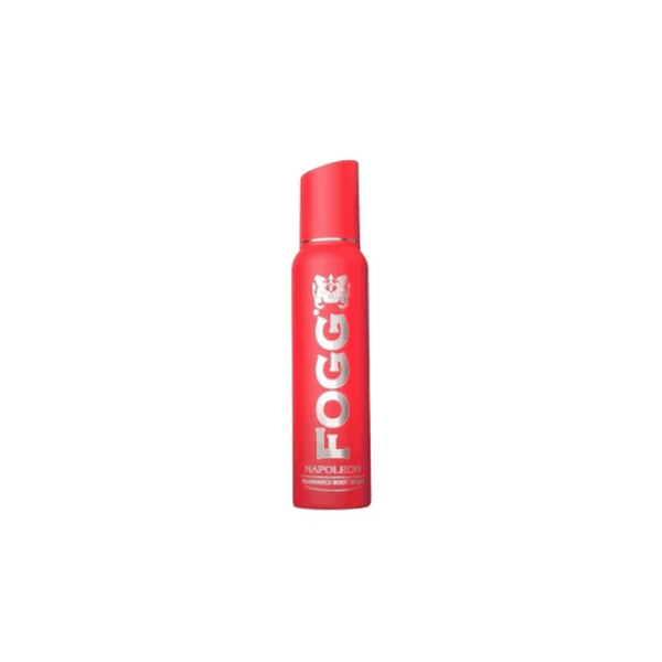 Red Fogg deodorant spray bottle on a white background
