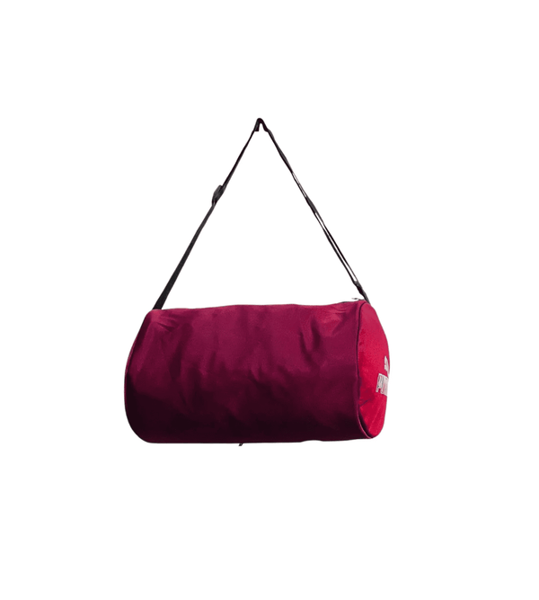Red duffel bag with a strap on a white background