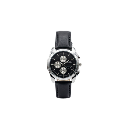 Black wristwatch with a silver case on a white background