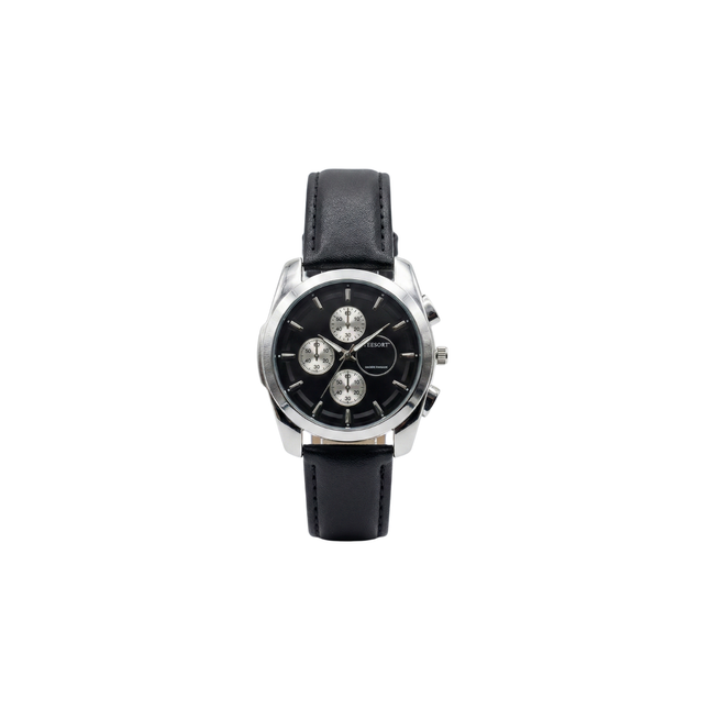 Black wristwatch with a silver case on a white background