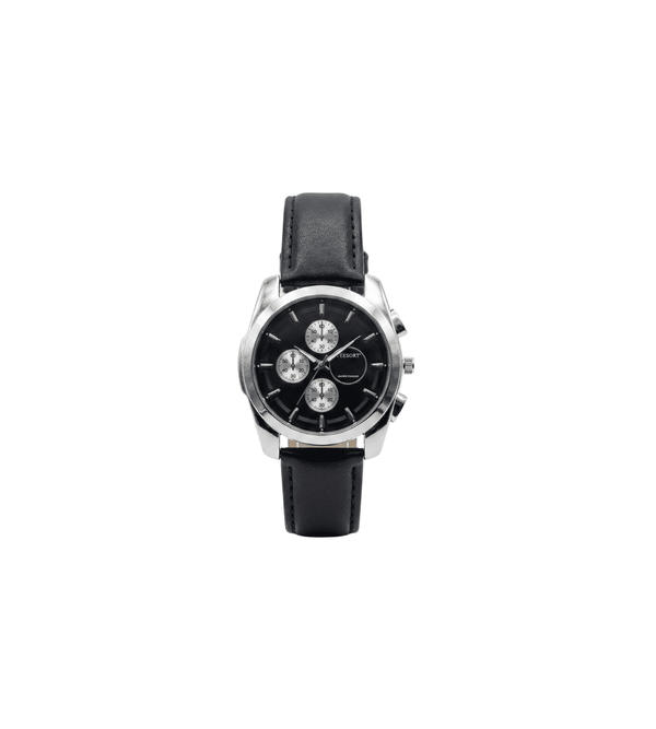 Black wristwatch with a silver case on a white background
