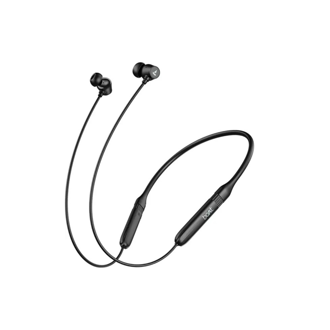 Black wireless earbuds with a neckband on a white background