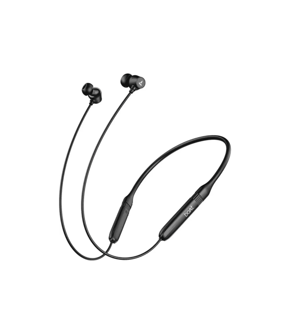 Black wireless earbuds with a neckband on a white background