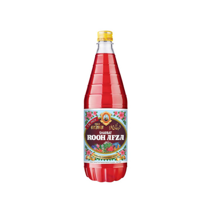 Red bottle of Rooh Afza on a white background