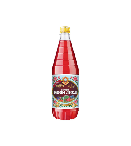 Red bottle of Rooh Afza on a white background