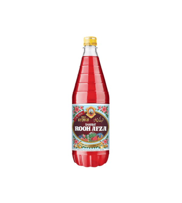 Red bottle of Rooh Afza on a white background