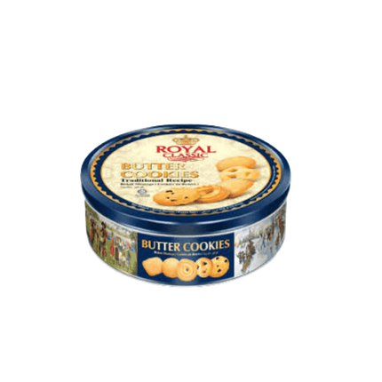 Container of Royal classic Butter Cookies on a white background