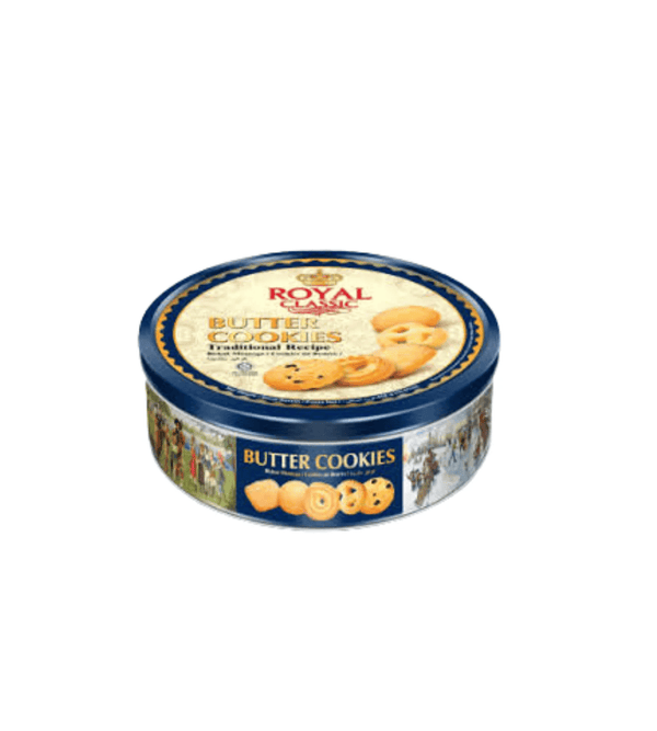 Container of Royal classic Butter Cookies on a white background