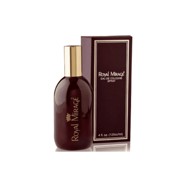 Royal Mirage cologne bottle and packaging on a white background