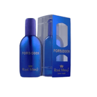 Blue perfume bottle and packaging with 'Forbidden' text on a white background