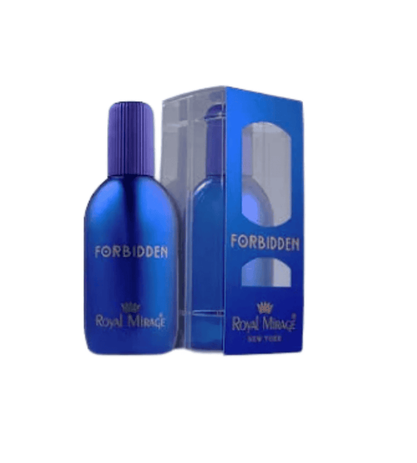 Blue perfume bottle and packaging with 'Forbidden' text on a white background