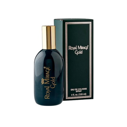 Royal Mirage Gold cologne bottle and packaging on a white background