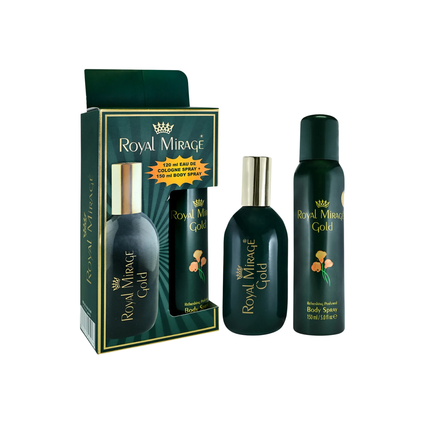 Royal Mirage Gold perfume set with packaging on a white background