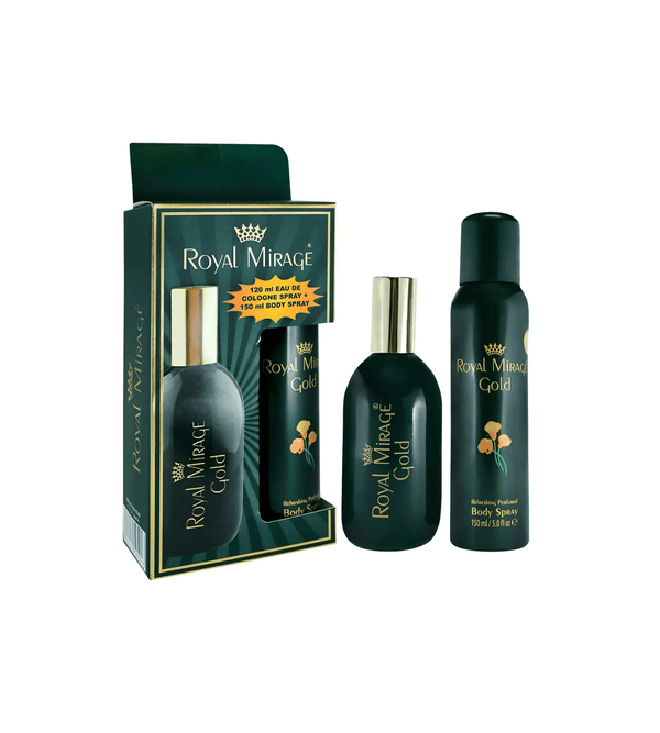 Royal Mirage Gold perfume set with packaging on a white background