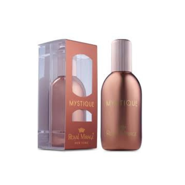 Rose gold 'Mystique' perfume bottle and packaging on a white background