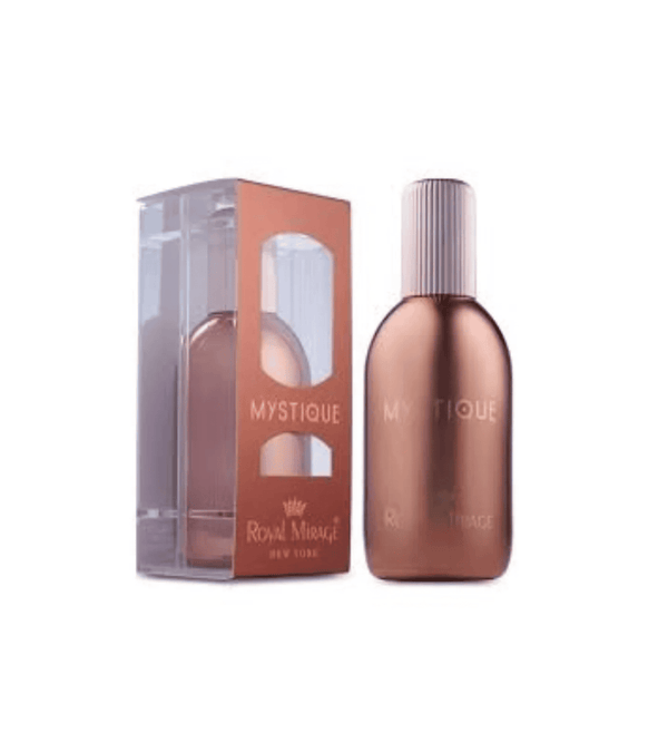 Rose gold 'Mystique' perfume bottle and packaging on a white background