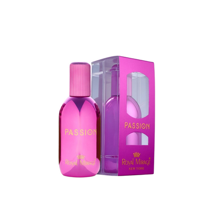 Pink 'Passion' perfume bottle and packaging on a white background