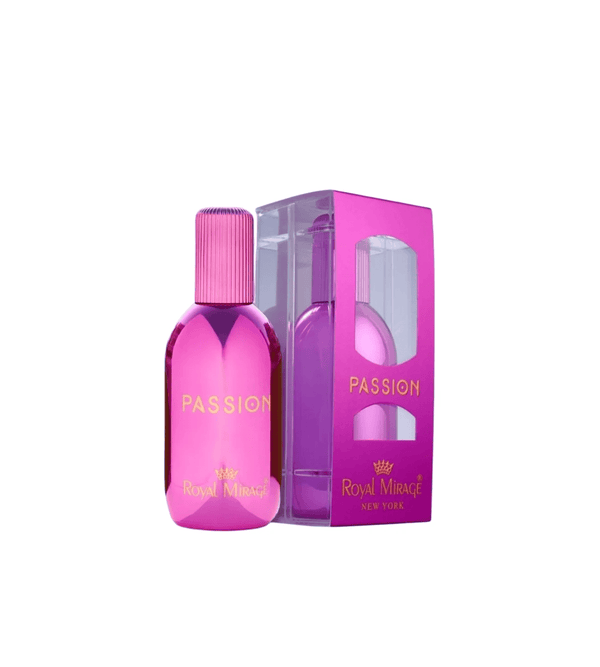 Pink 'Passion' perfume bottle and packaging on a white background