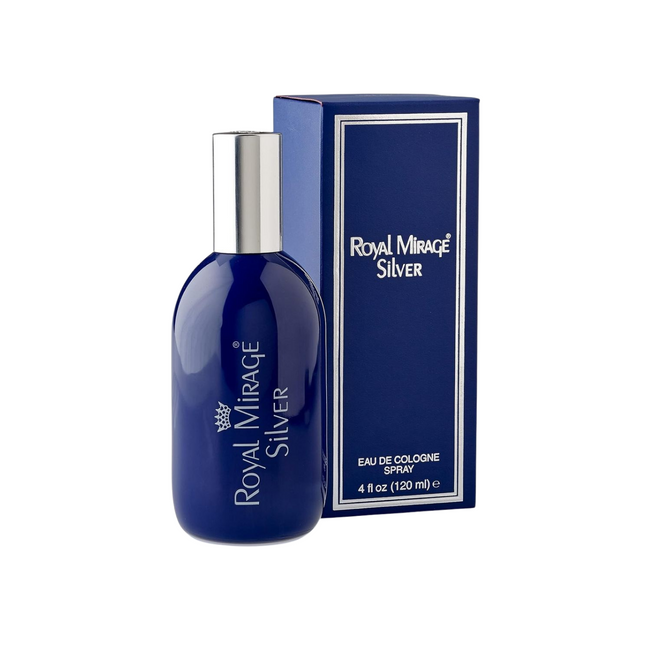 Blue cologne bottle and packaging with 'Royal Mirage Silver' text on a white background