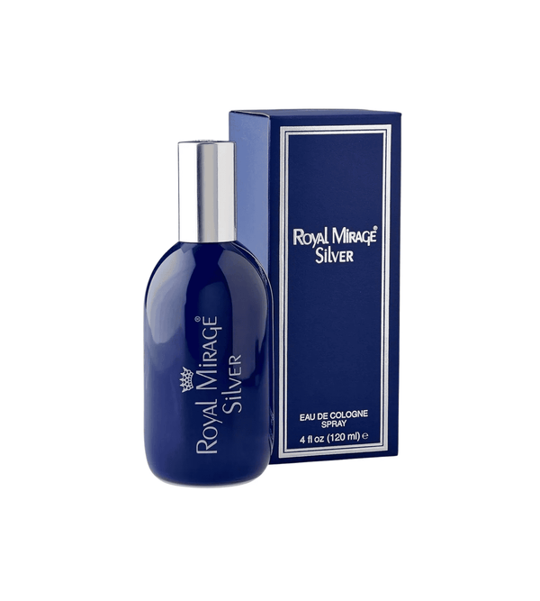 Blue cologne bottle and packaging with 'Royal Mirage Silver' text on a white background