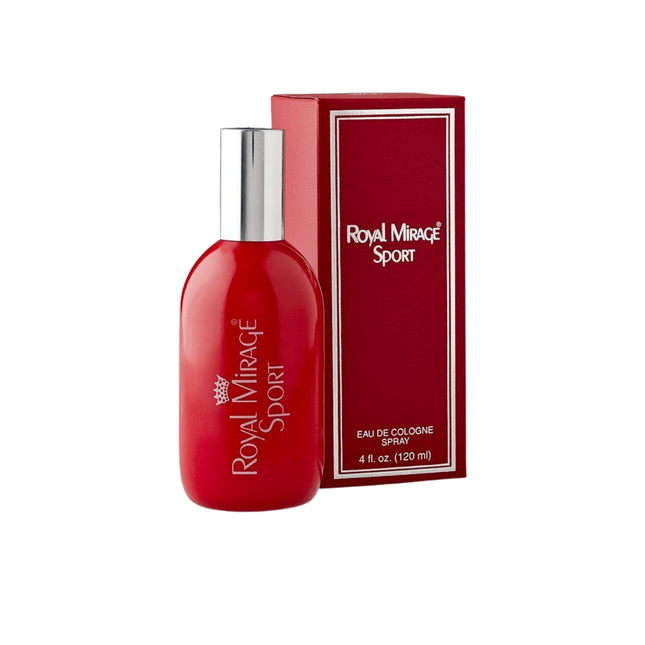 Red 'Royal Mirage Sport' cologne bottle and packaging on a white background