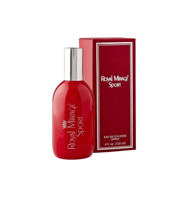 Red 'Royal Mirage Sport' cologne bottle and packaging on a white background