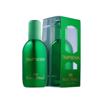 Green perfume bottle and packaging with 'Temptation' and 'Royal Mintz' branding on a white background.
