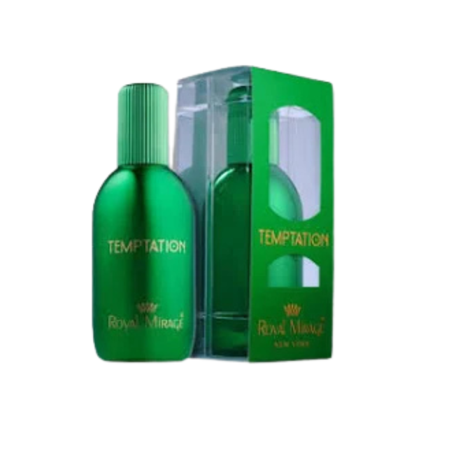 Green perfume bottle and packaging with 'Temptation' and 'Royal Mintz' branding on a white background.