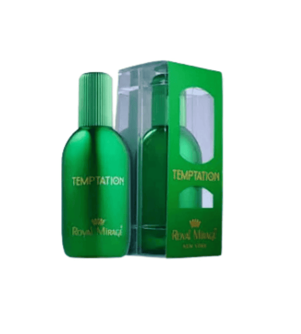 Green perfume bottle and packaging with 'Temptation' and 'Royal Mintz' branding on a white background.