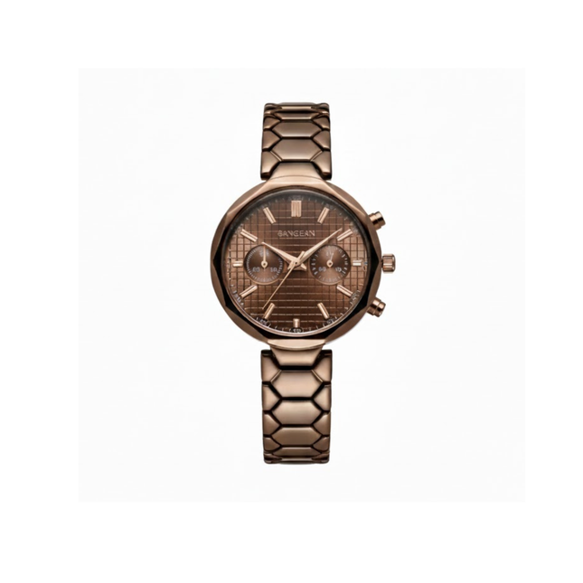 Rose gold watch with detailed face on a white background