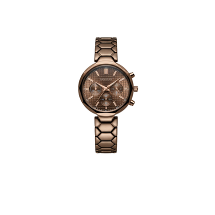 Rose gold watch with a detailed face on a white background