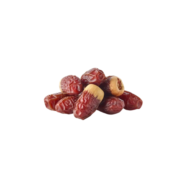 Pile of sagai dates on a white background