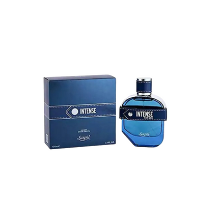 Blue perfume bottle and packaging with 'Intense' text on a white background