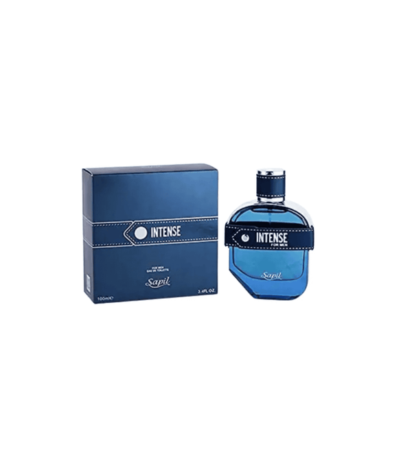 Blue perfume bottle and packaging with 'Intense' text on a white background