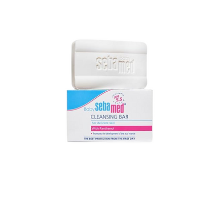 Sebamed baby cleansing bar with packaging on a white background