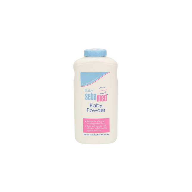 Sebamed baby powder bottle on a white background
