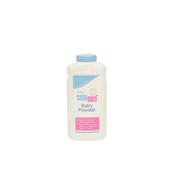 Sebamed baby powder bottle on a white background