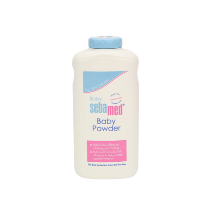Sebamed baby powder bottle on a white background