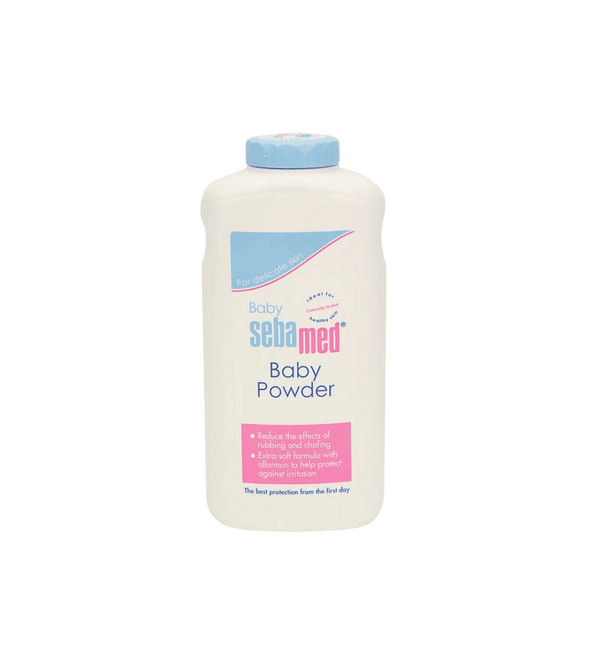 Sebamed baby powder bottle on a white background